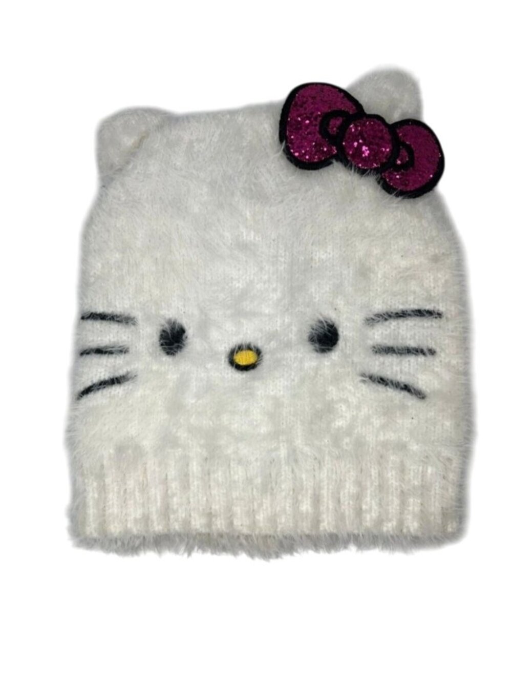 Hello Kitty Girls Beanie Hat Sanrio White Fuzzy With Ears Pink Glitter Bow
